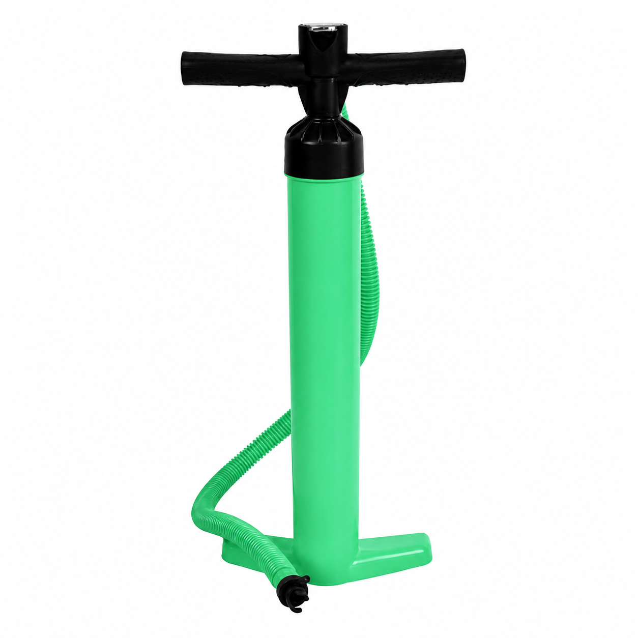 A green hand pump with a black T-handle and coiled hose